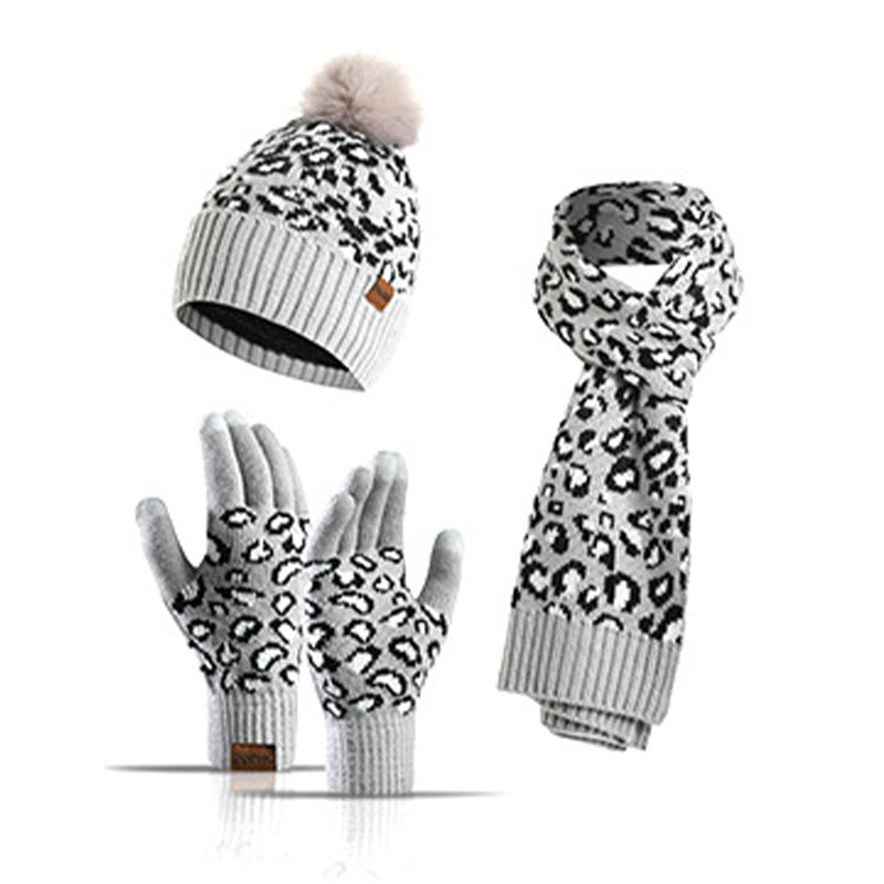 Leopard Gloves Beanie Scarf 3 In 1 Set - Light Gray - One Size - image 14