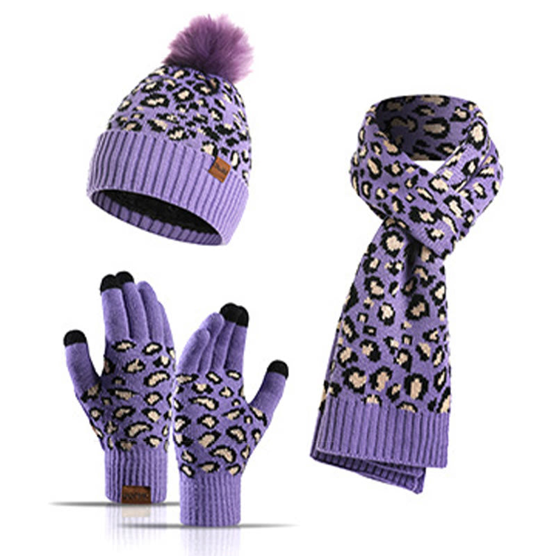 Leopard Gloves Beanie Scarf 3 In 1 Set - Purple - One Size - image 16