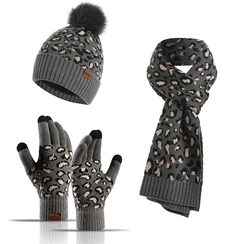 Leopard Gloves Beanie Scarf 3 In 1 Set - Dark Grey - One Size - image 13