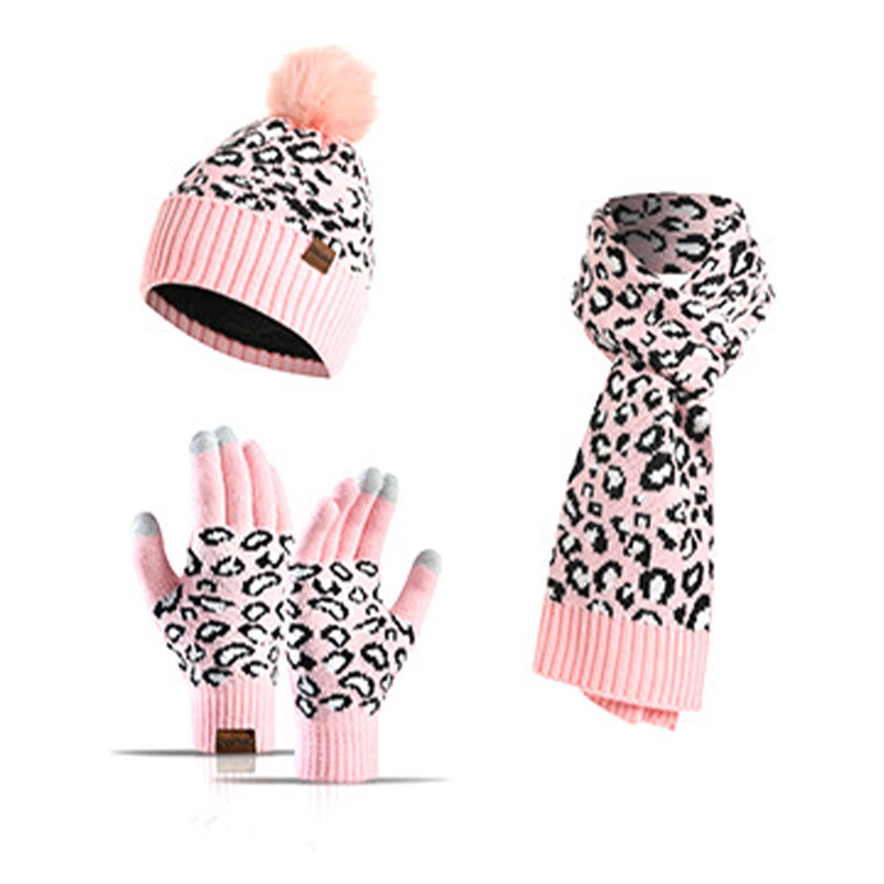 Leopard Gloves Beanie Scarf 3 In 1 Set - Pink - One Size - image 17