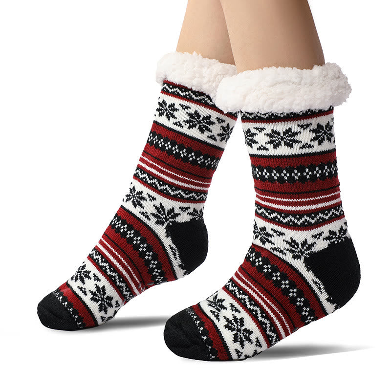 Plus Size Snowflake Color Matching Slipper Socks(2 Pairs) - Wine - EU39-44(US6-10) - image 5