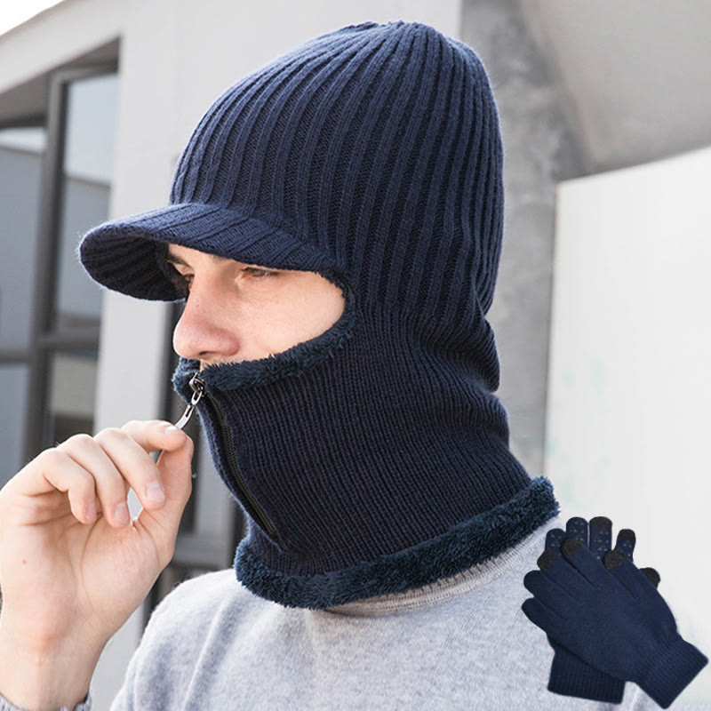 Zipper Beanie Gloves 2 In 1 Set - Navy Blue - One Size - image 15