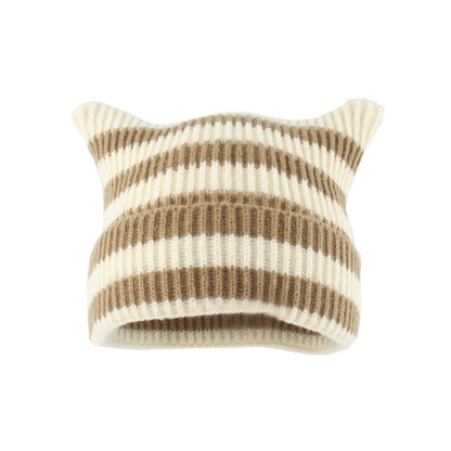 Plus Size Thick Stripes Cat Ears Beanie - Khaki - One Size - image 6