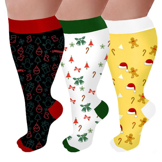 Plus Size Bell Gingerbread Man Compression Socks(3 Pairs) - Multicolor - 4XL - image 1