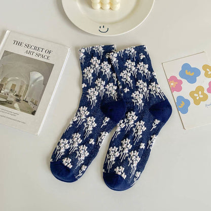 Floral Retro Quarter Socks(5 Pairs) - Navy Blue - EU36-40(US3-7) - image 11