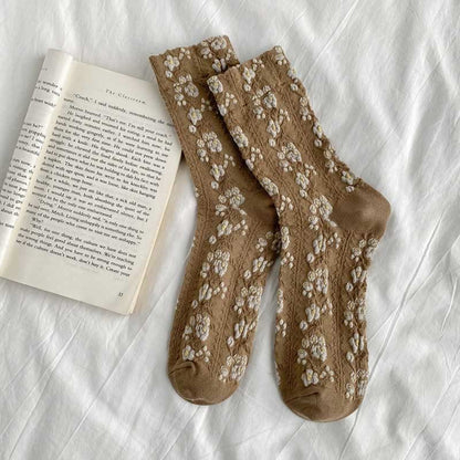 Retro Flowers Quarter Socks(5 Pairs) - Khaki - EU36-40(US3-7) - image 12