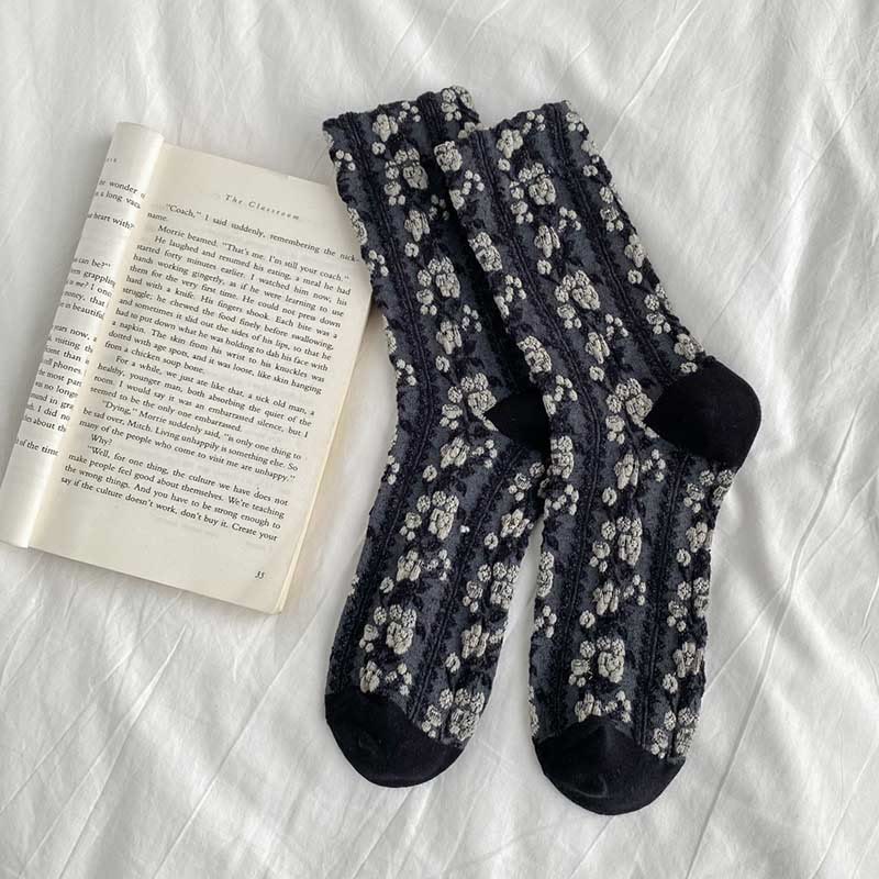 Retro Flowers Quarter Socks(5 Pairs) - Black - EU36-40(US3-7) - image 8