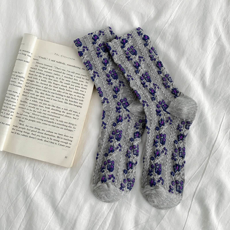 Retro Flowers Quarter Socks(5 Pairs) - Grey - EU36-40(US3-7) - image 10
