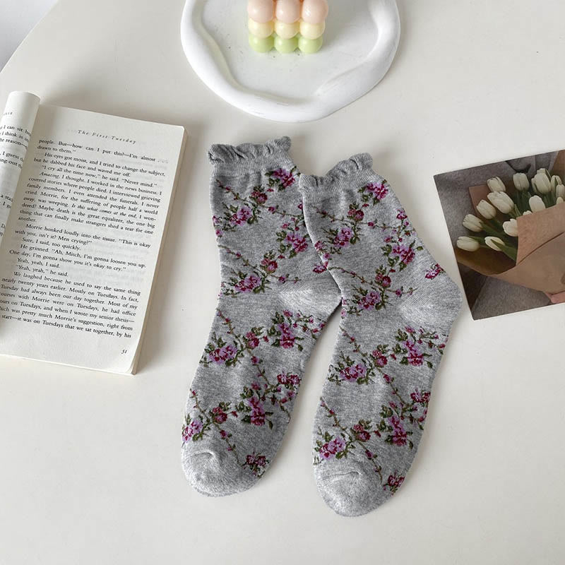 Sweet Small Florals Quarter Socks(5 Pairs) - Grey - EU36-40(US3-7) - image 10
