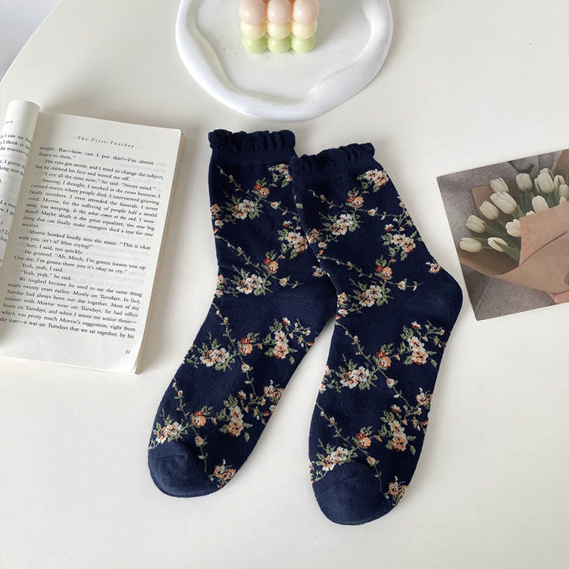 Sweet Small Florals Quarter Socks(5 Pairs) - Navy Blue - EU36-40(US3-7) - image 11