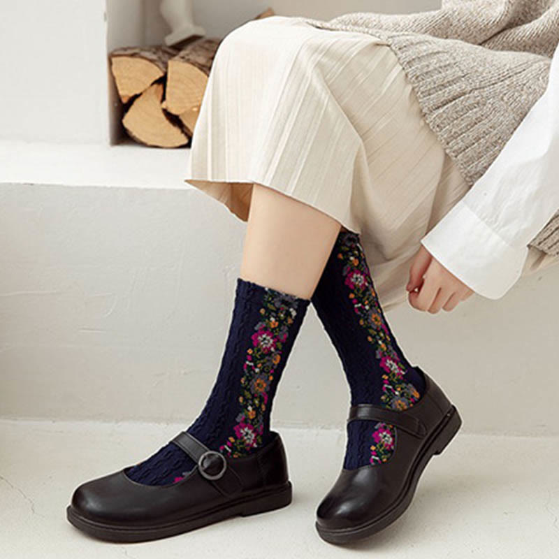 Folk Style Floral Quarter Socks(5 Pairs) - image 7
