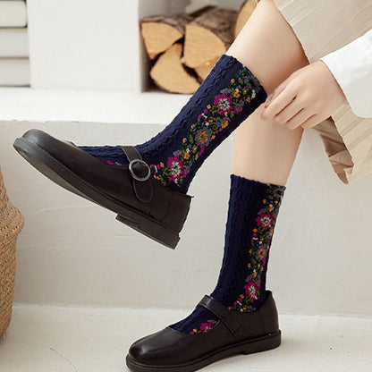 Folk Style Floral Quarter Socks(5 Pairs) - image 5
