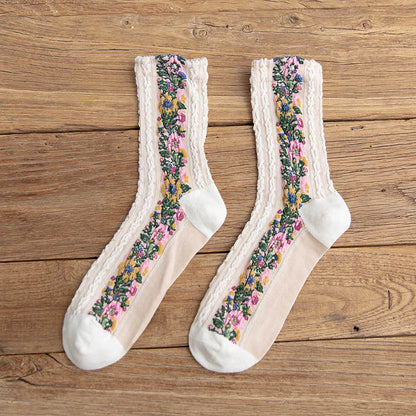 Folk Style Floral Quarter Socks(5 Pairs) - White - EU36-40(US3-7) - image 15