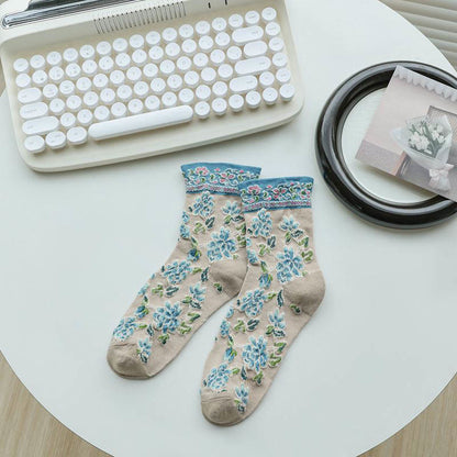 Floral Relief Quarter Socks(5 Pairs) - Khaki - EU36-40(US3-7) - image 11