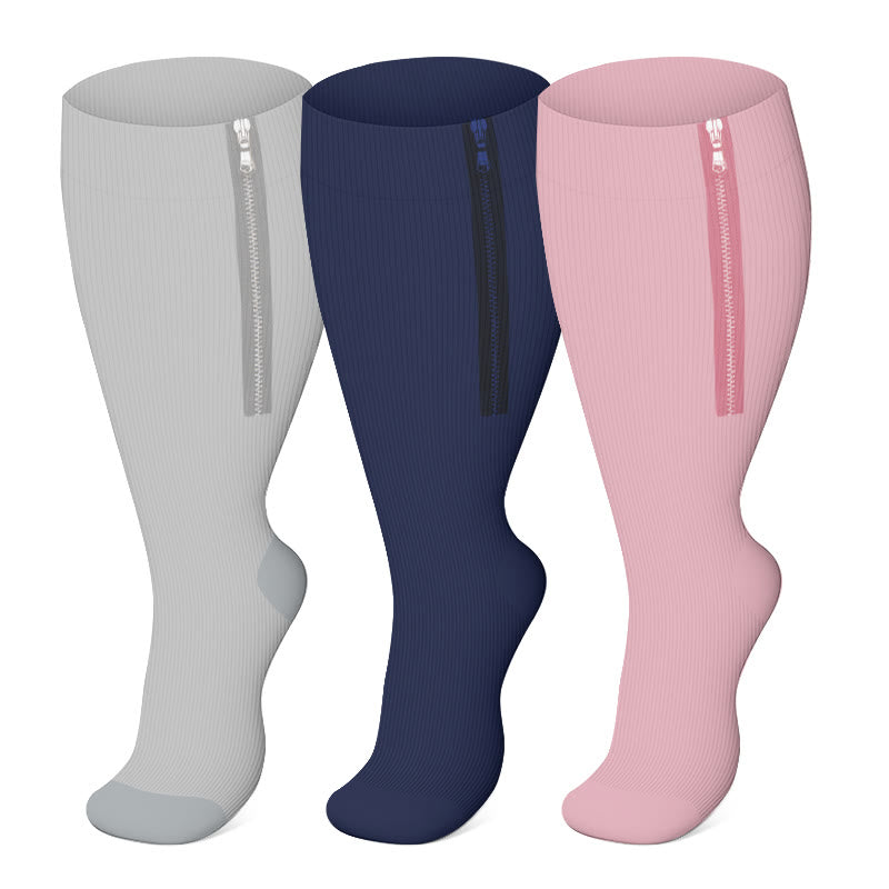 Plus Size Solid Color Zipper Compression Socks 2XL-7XL(3 Pairs) - Multicolor - 7XL - image 0
