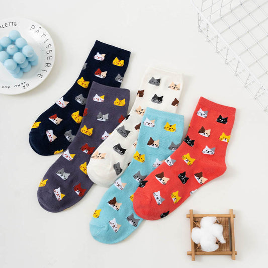 Cartoon Cat Head Quarter Socks(5 Pairs) - image 1