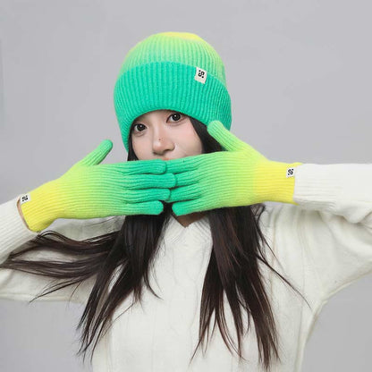 Gradient Color Gloves Beanie 2 In 1 Set