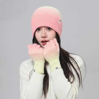 Gradient Color Gloves Beanie 2 In 1 Set