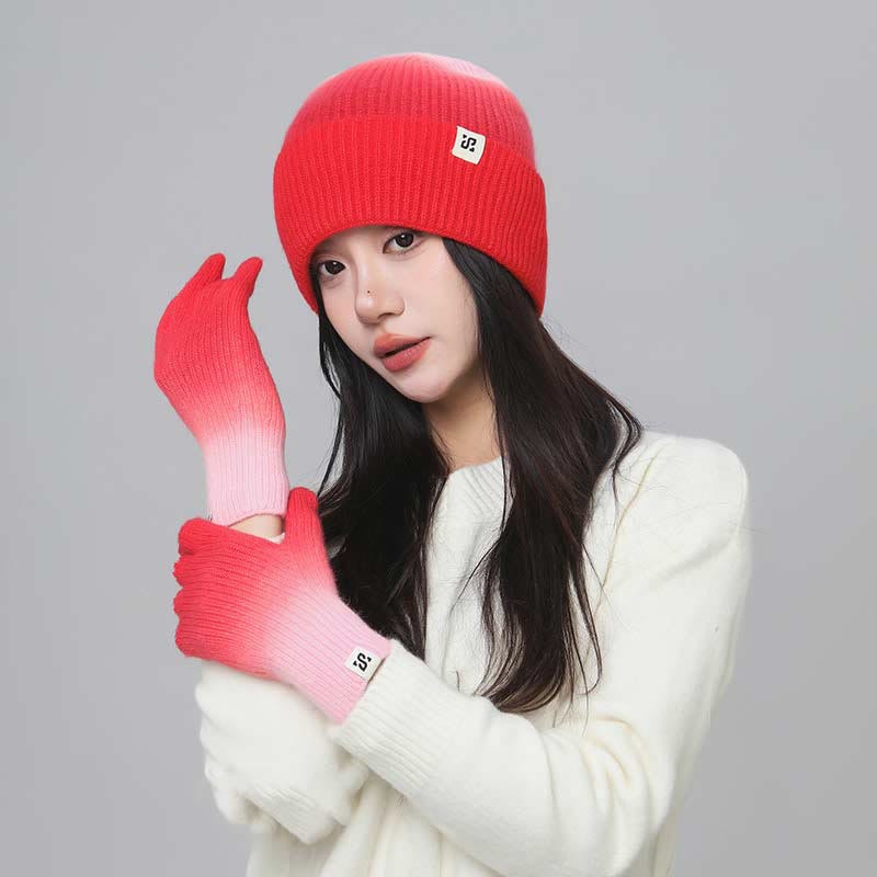 Gradient Color Gloves Beanie 2 In 1 Set