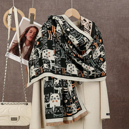 Cartoon Cat Blanket Scarf - Black - One Size - image 1