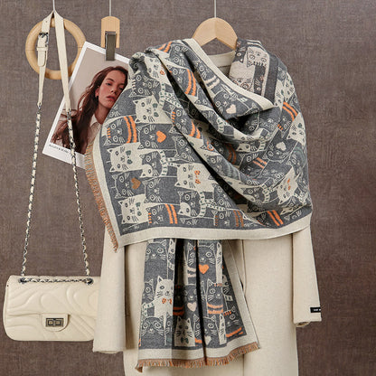 Cartoon Cat Blanket Scarf - Grey - One Size - image 3