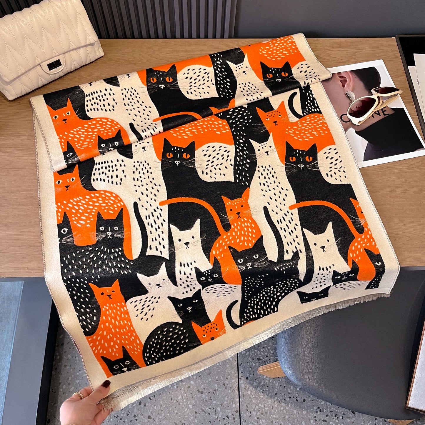 Sweet Cat Jacquard Blanket Scarf - Orange - One Size - image 17
