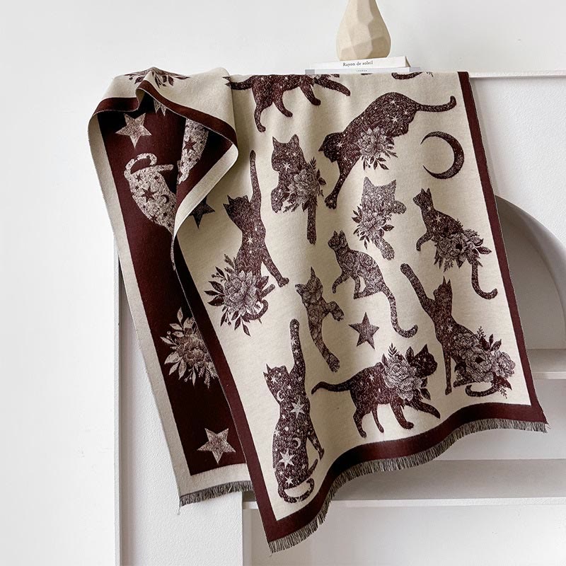 Cat Silhouette Print Blanket Scarf - Brown - One Size - image 5