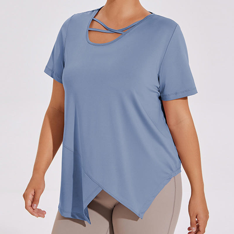 Plus Size Breathable Asymmetric Short sleeve Yoga Shirt - Blue - 4XL - image 0