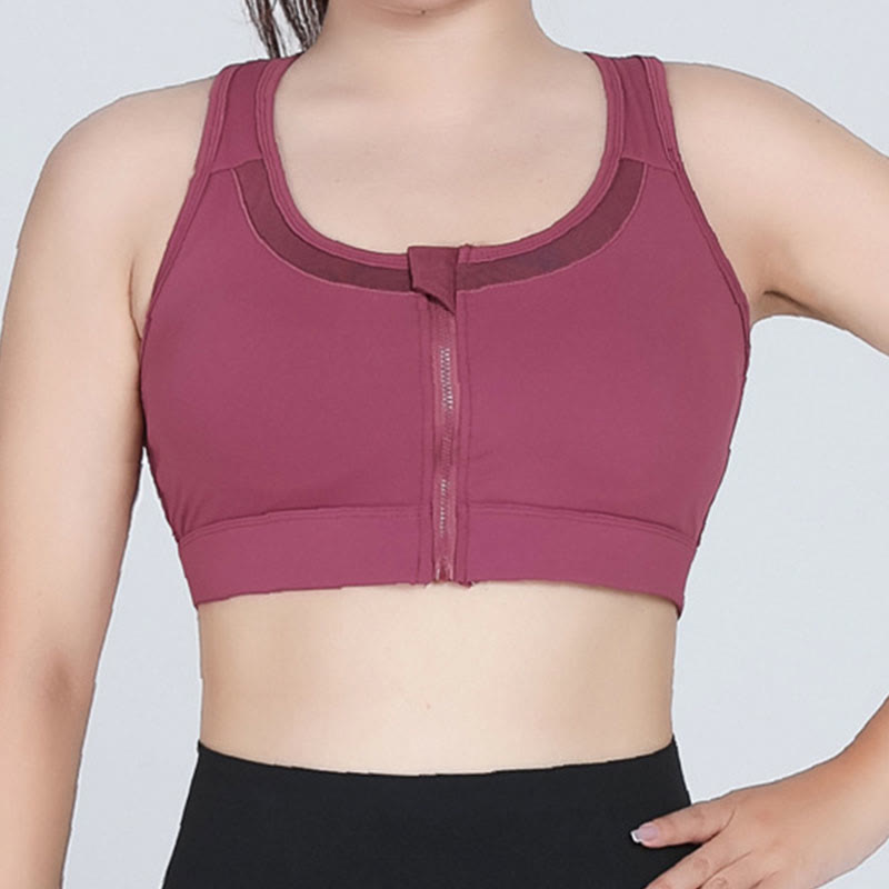 Plus Size Zipper Front Closure Sports Wireless Bra - Wine - 5XL - image 1