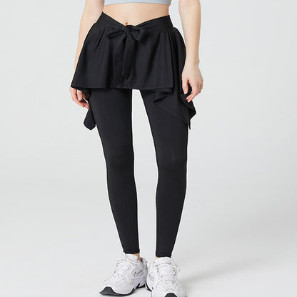 Plus Size 2 in 1 Workout Tie Waist Skirted Yoga Pants - Black - 5XL - image 3