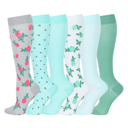 Blue Green Flower Compression Socks(6 Pairs) - Multicolor - S/M - image 1