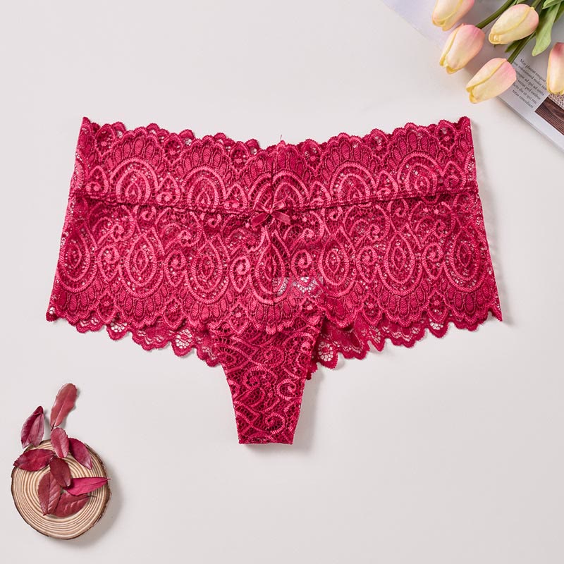 Sexy Lace Cotton Crotch Thong(3 Packs) - Red - 4XL - image 3