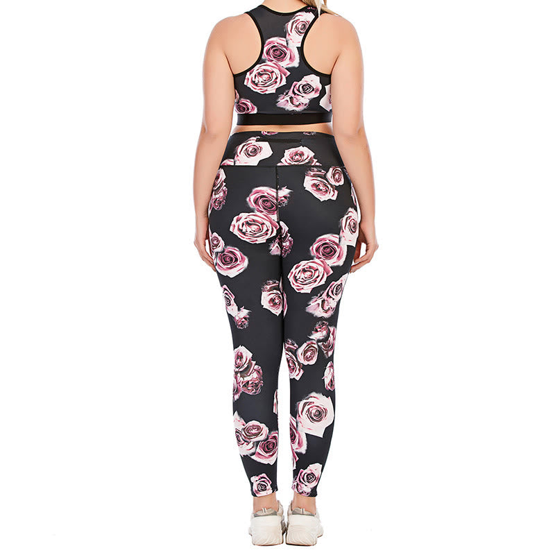 Plus Size Rose Print Fitness Yoga Sports Suit