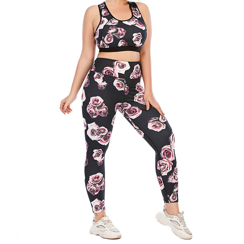 Plus Size Rose Print Fitness Yoga Sports Suit