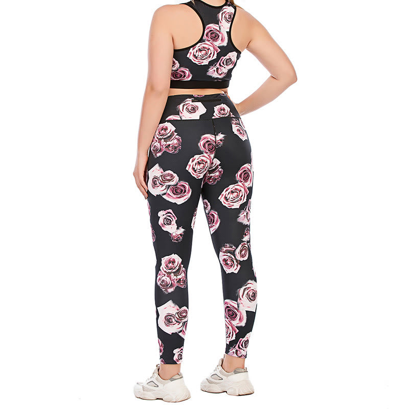 Plus Size Rose Print Fitness Yoga Sports Suit