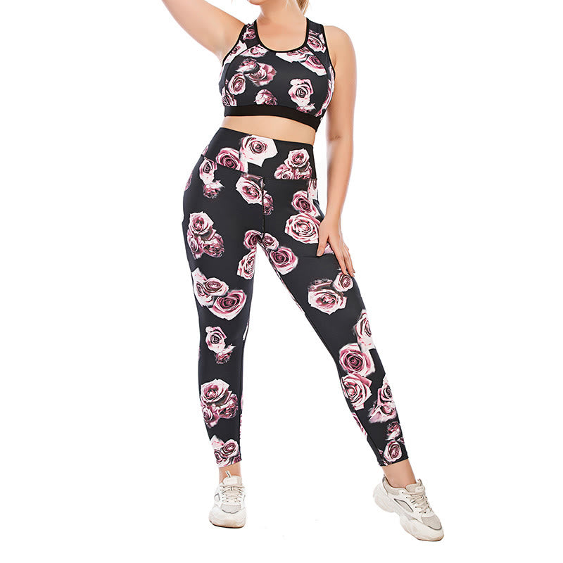 Plus Size Rose Print Fitness Yoga Sports Suit
