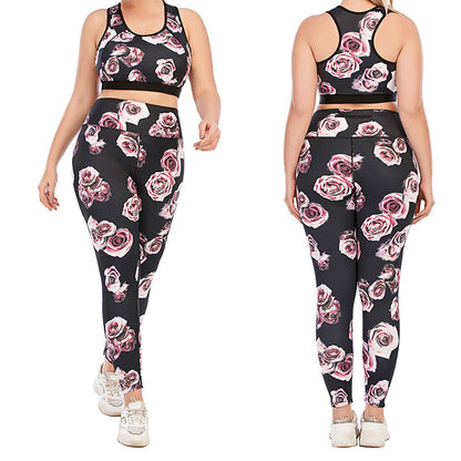 Plus Size Rose Print Fitness Yoga Sports Suit