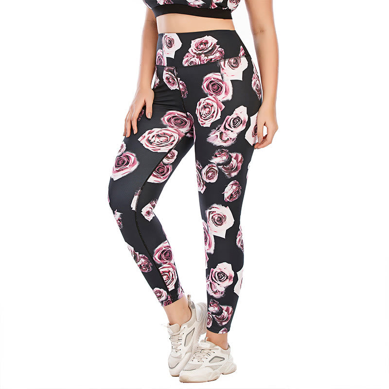 Plus Size Rose Print Fitness Yoga Sports Suit