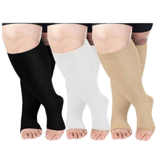 Plus Size Solid Color Open Toe Compression Socks(3 Pairs) - Multicolor - 4XL - image 1