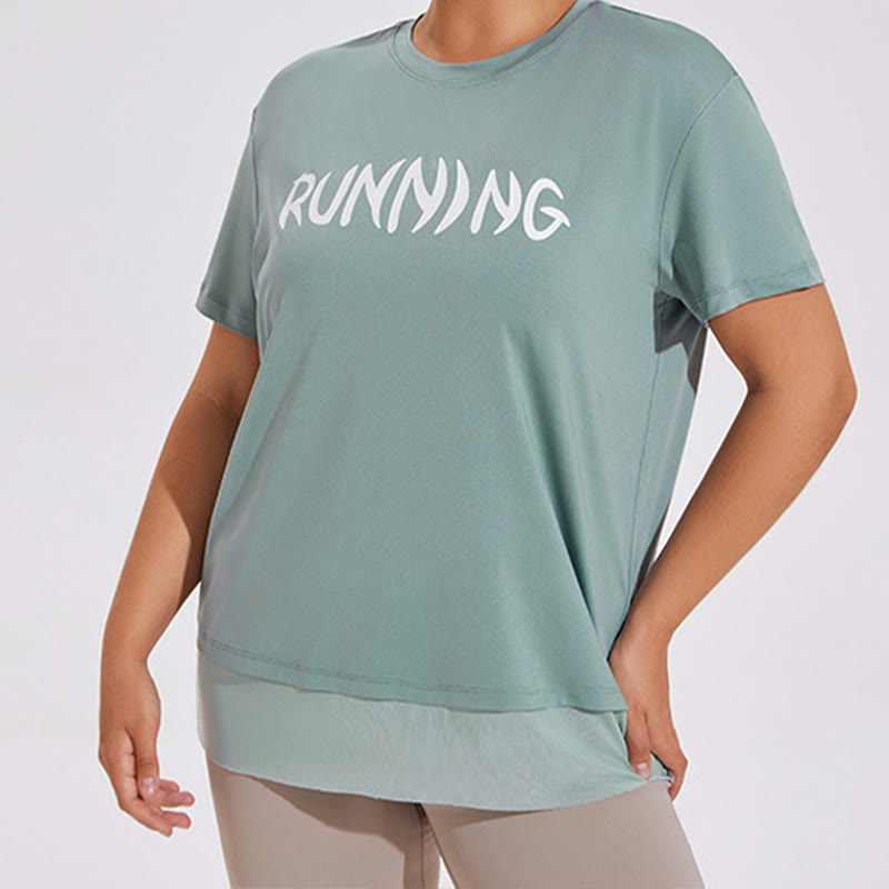 Plus Size Mesh Splicing Loose Yoga Short Sleeves Shirt