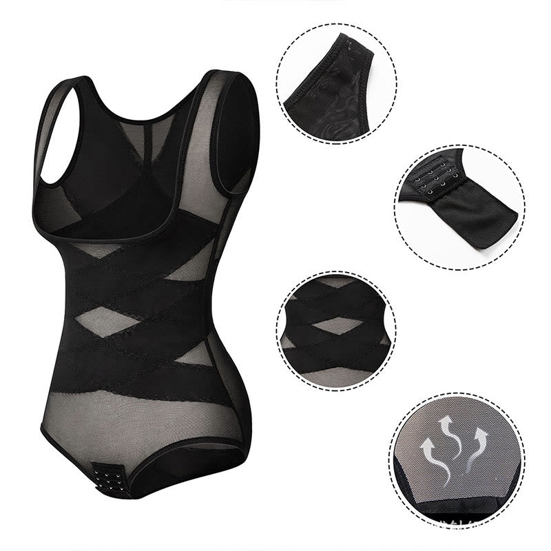 Plus Size Sexy Cross-strap Tummy Control Mesh Shapewear