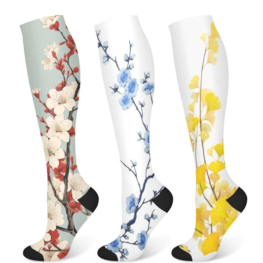 Ginkgo Leaf Plum Flower Compression Socks(3 Pairs) - Multicolor - S/M - image 1