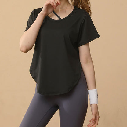 Plus Size Loose Breathable Quick Dry Yoga Short Sleeves - Black - 3XL - image 10