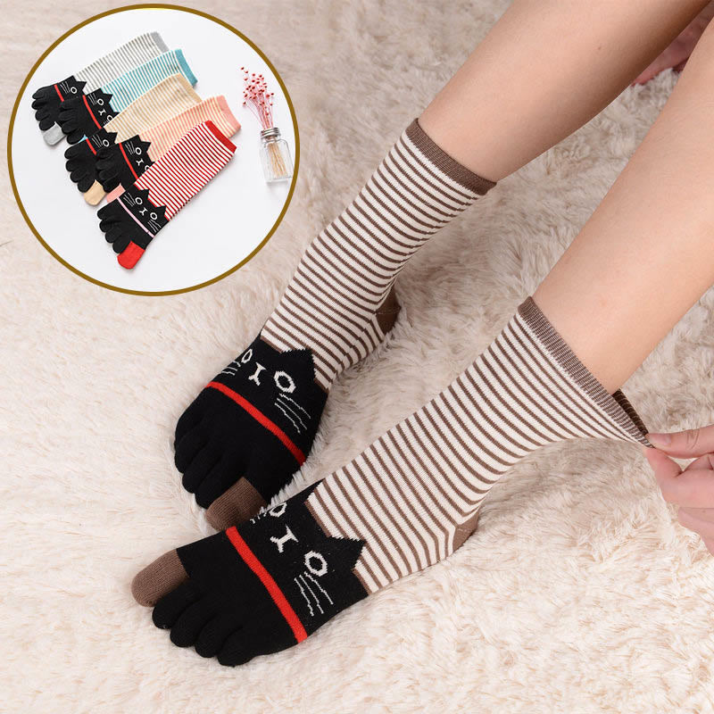 Striped Cat Quarter Alignment Socks(5 Pairs) - Khaki - EU37-40(US4-7) - image 1