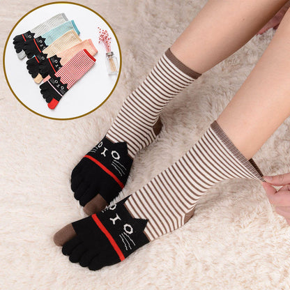 Striped Cat Quarter Alignment Socks(5 Pairs) - Khaki - EU37-40(US4-7) - image 1