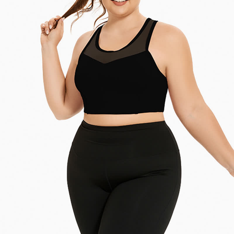 Mesh Stitching Shockproof Sports Bra - Black - 4XL - image 6