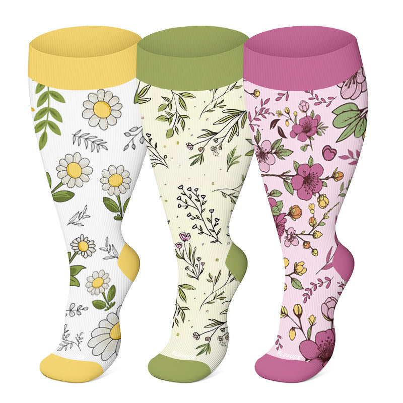 Plus Size Yellow Purple Flower Compression Socks