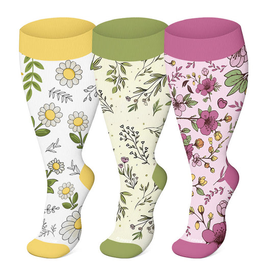 Plus Size Yellow Purple Flower Compression Socks