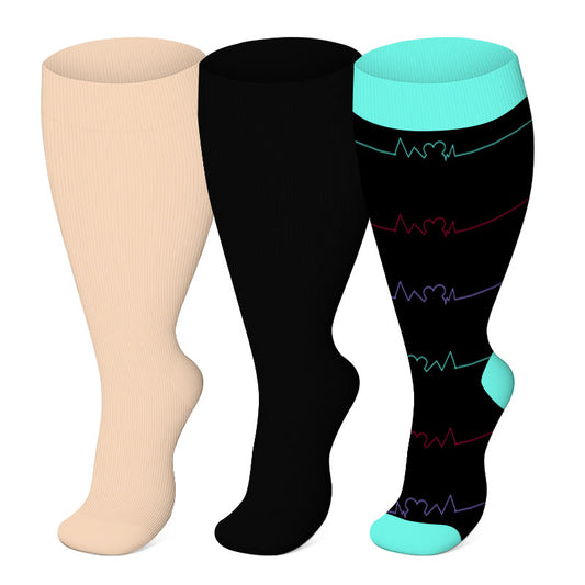 Blue Electrocardiogram Solid Plus Size Compression Socks(3 Pairs) - Blue&Black&Skin - 4XL - image 0