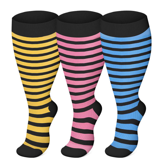 Plus Size Pink Blue Yellow Strieps Compression Socks(3 Pairs)